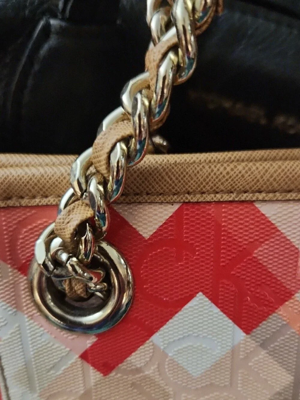 Calvin Klein Beige & Red Geometric Chain-Handle Tote